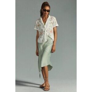 By Anthropologie Tie-Front Blouse Embroidered Lace Yoke XL Cotton